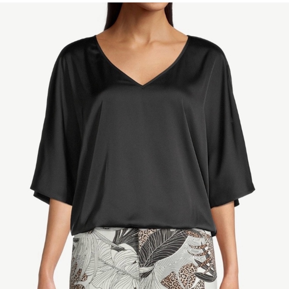Chico’s Black Satin V Neck Dolman Sleeve Top - NWT - size 12/14